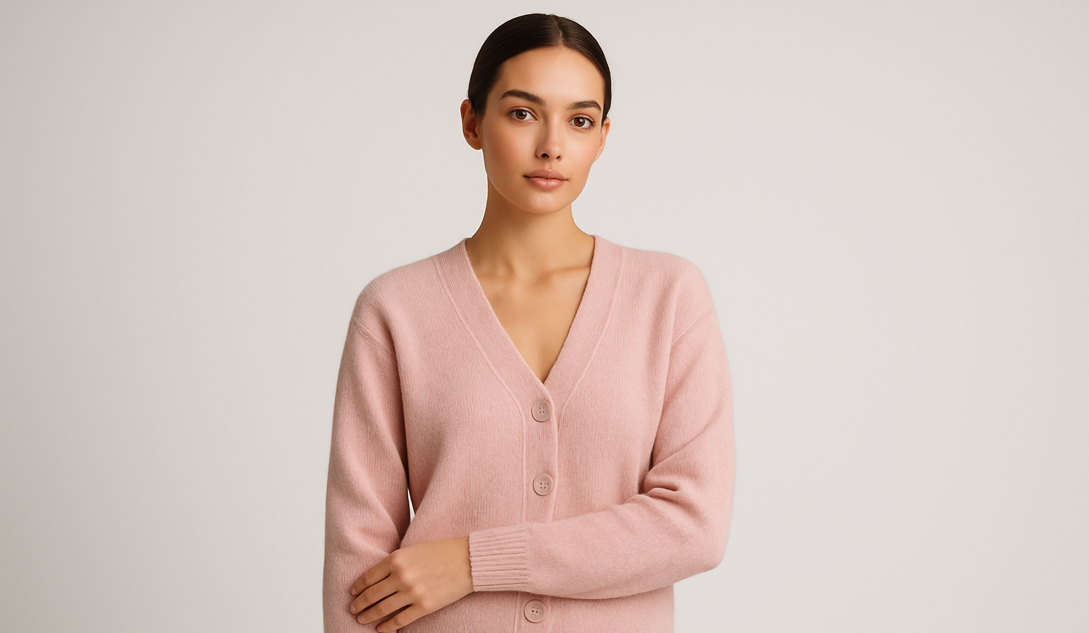 model woman wearing pink comfy cardigan light grey back ground photo studio
